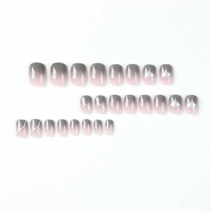 24pcs short square press-on nails with grey pink gradient and silver star designs
