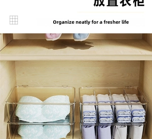 Transparent closet organizers for socks and underwear shown in a wood wardrobe setting