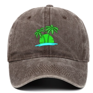 Close-up front view of brown washed cotton baseball cap with palm tree embroidery