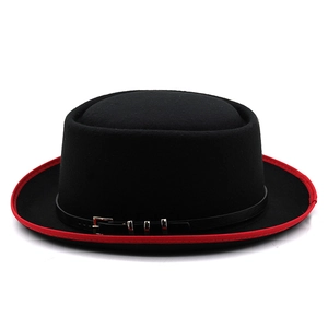 Classic black felt fedora with red trim and leather band, vintage british style hat