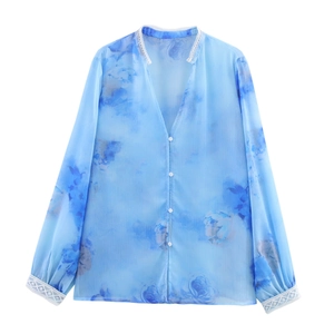 Blusa Donna Chiffon Maniche Lunghe Scollo A V Stampa Floreale Bordo In Pizzo Bottone Top Casual Largo