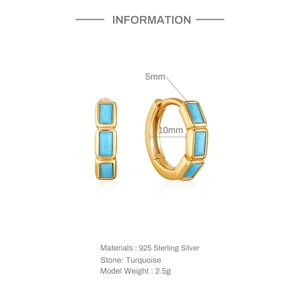 Detailed view of S925 sterling silver turquoise huggie earrings with size measurements