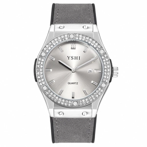 Classic silver quartz watch with rhinestone bezel and grey suede leather strap for women