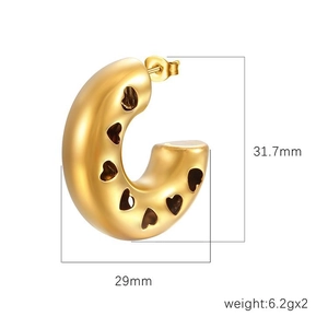 Gold hollow heart C-shaped earrings in 18K gold plated stainless steel with dimensions