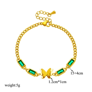 Golden titanium steel bracelet with green square stones and a dainty butterfly charm