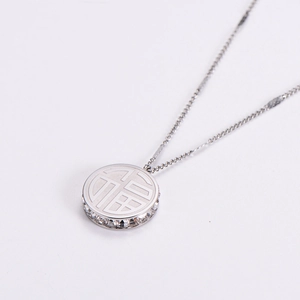 Silver Fu character round pendant necklace in titanium steel with zircon accents