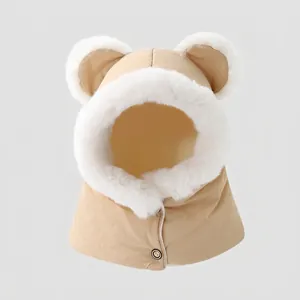 Detail of kids hooded winter hat with cute bear ears and plush faux fur lining