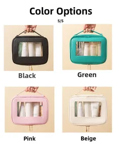 Set di beauty case nei colori nero, verde, rosa e beige con finestra e finitura in pelle