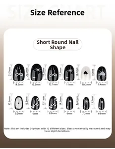 Size chart for short almond gothic nails featuring black and white heart star patterns