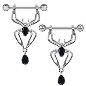 Piercings de téton araignée en acier poli avec zircons noirs en goutte sur fond blanc