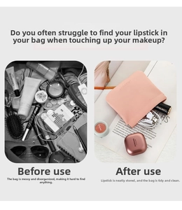 Pink PU leather makeup pouch showing organized storage for lipstick and wireless earphones