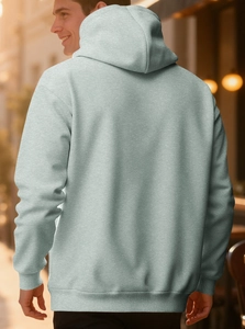 Back view of gray double-layered zip-up hoodie featuring ribbed cuffs and relaxed fit