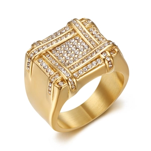 Men's gold square signet ring with checkered micro-pave cubic zirconia and brushed finish