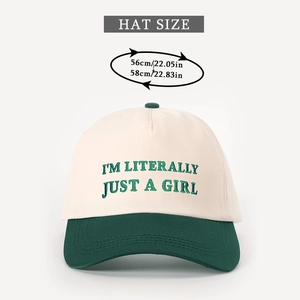 Close-up of I'M LITERALLY JUST A GIRL embroidery on a two-tone baseball cap