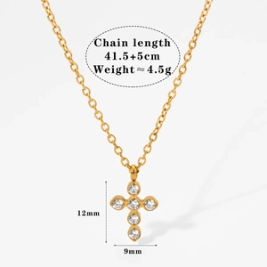 Detailed dimensions of gold cross necklace with crystal inlays and size measurements