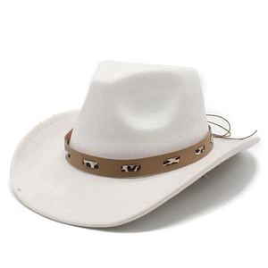 White faux suede western cowboy hat with a brown leopard print decorative leather band