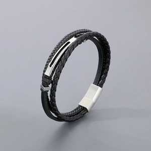 Multilayer black braided leather bracelet for men with silver magnetic clasp and metal bars