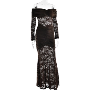 Detailed view of the dark brown ruched tube dress featuring elegant long lace sleeves