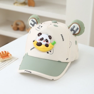 Close-up of kids baseball cap with 3D panda banana patch and green ears detail