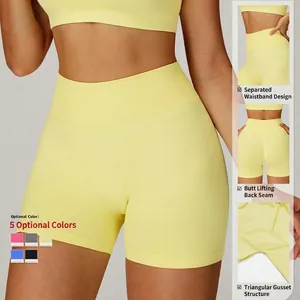 Short de yoga sans couture taille haute jaune citron pour femme avec effet galbant et push-up