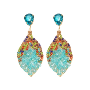 Bohemian large teardrop earrings with colorful crystals and blue rhinestones on white back