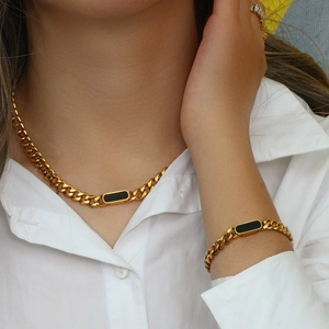 18K gold plated stainless steel Cuban chain necklace and bracelet set with black accents