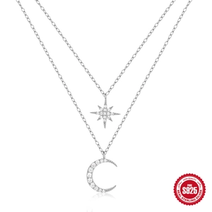 Double-layered S925 sterling silver necklace with star and moon zircon pendants