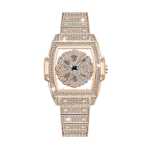 Women Quartz Watch Tonneau Shaped Full Rhinestone Rotating Flower Dial Fashion Luxury Wristwatch
