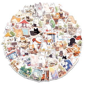 Set of 50 cute cartoon animal stickers featuring cats and rabbits in various daily life scenes