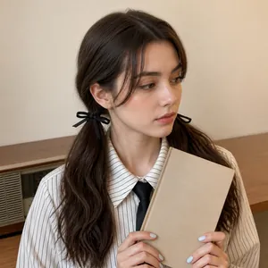 Elegant young woman wearing a black ribbon bow hair clip in a vintage indoor setting