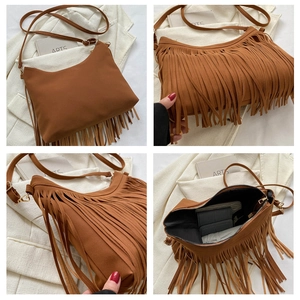Detailed views of brown suede crossbody bag with fringe accents and interior compartments