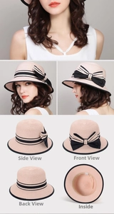 Detailed views of pink straw sun hat with black ribbon, showing front, side and back angles
