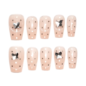French nude cat-eye press-on nails with silver butterflies and polka dots, 10 pieces