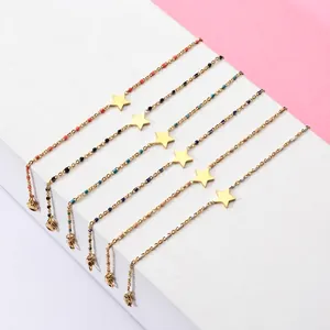 Set of six gold stainless steel star bracelets with colorful beads in Bohemian style