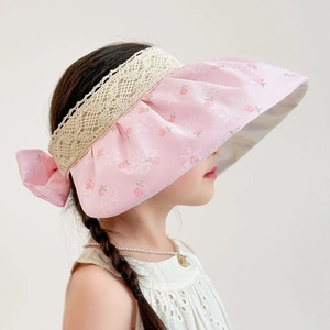 Detail of pink floral sun hat featuring elegant lace brim and back bow for girls