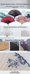 Detail of bamboo silk hand fans featuring landscape and floral prints with 38cm width