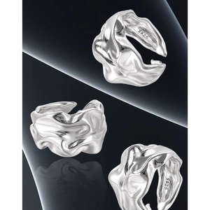 Irregular textured S925 sterling silver open ring with liquid metal lava aesthetic