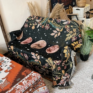 Bohemian moon phase camping blanket with stars and floral fringe patterns