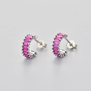 Elegant S925 silver hoop earrings featuring sparkling pink rectangular zircon stones