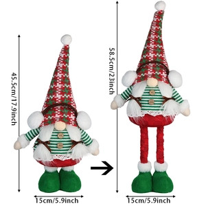 Christmas gnome doll with telescopic legs shown in both retracted and extended heights