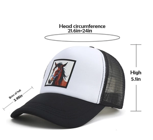 Size guide showing head circumference and brim dimensions of the mesh trucker hat