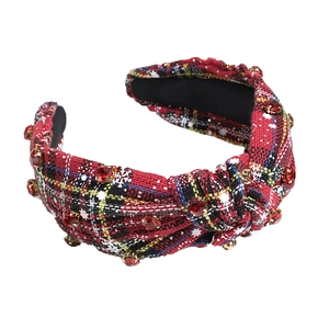 Fashionable red plaid headband with snowflake patterns and sparkling red rhinestones