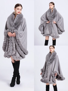 Collage of grey knit poncho with faux rabbit fur collar and hem showing multiple angles