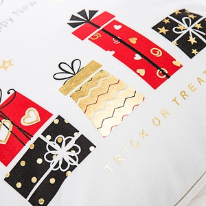 Christmas cushion cover with festive gold gift patterns and cotton linen texture