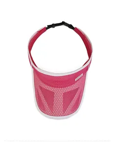 Detailed top view of pink breathable mesh sun visor with adjustable strap and white trim