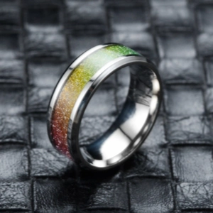 Macro view showing the fine rainbow glitter inlay on this silver stainless steel ring