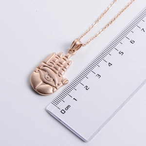 Rose gold Hamsa Hand pendant necklace in stainless steel with measurement scale
