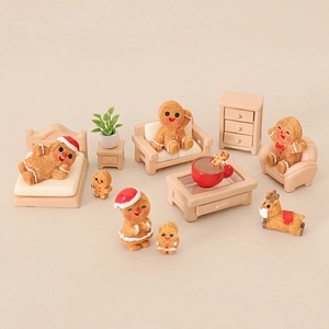 Miniature Christmas gingerbread family set with tiny furniture for dollhouse decoration