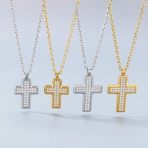 Titanium steel cross pendant necklace set with cubic zirconia in gold and silver finish