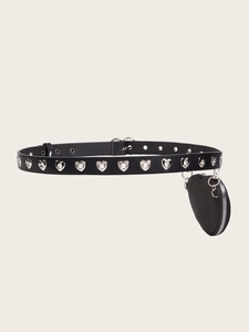 Detail of black punk leather belt with heart metal grommets and detachable mini heart pouch